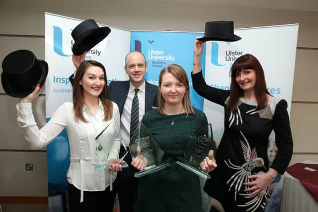 Louise Foster, from Whitehead, receiving her awards from sponsors (from left) Laura Radcliffe, Envision; Rodney Saunderson, Whale; and Claire Taggart, The Wright Group. INCT 10-750-CON