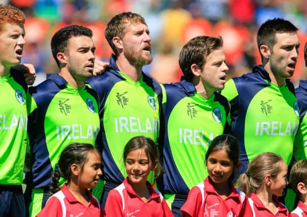 Stuart Thompson (second left) pictured with team-mates Kevin O'Brien, John Mooney, Ed Joyce and Andrew Balbirnie, line up for the anthems before their game against India, at Seddon Park, New Zealand. Picture by John Cowpland/Inpho