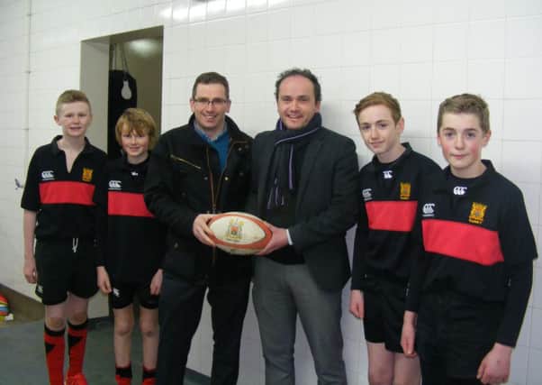Pictured are Jack Mitchell, Max Millar, James Graham (NFU), Garry Scott (NFU), Ross Speers and Joshua Johnston. James Graham and Garry Scott from the NFU Magherafelt who are kindly sponsoring the U13 and U14 rugby teams at Rainey Endowed School.