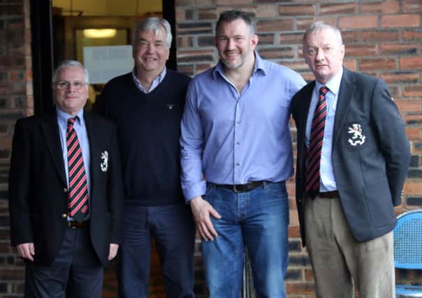 Rainey Old Boy's Patrick Pyper (Vice President) and Arnold McLean (Fundraising Convenor) welcome the match sponsors Seamus Higgins (John J. Higgins (Magherafelt) Ltd) and Andrew Hutchinson (CP Hire Ltd) to the Ulster League match against Banbridge.
