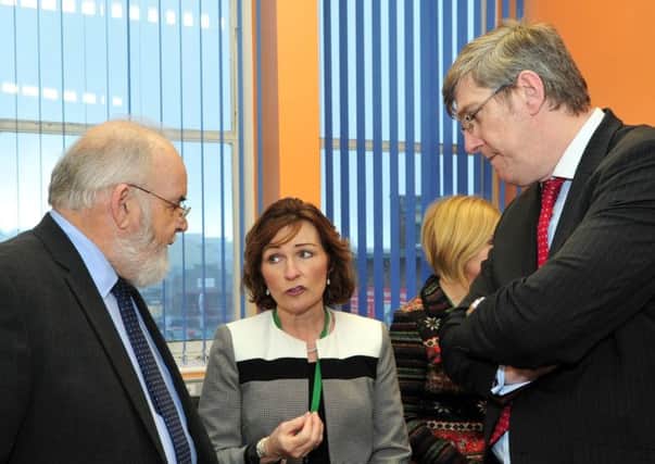 Holy Trinity College Principal Mrs Isabell Russell makes her point to Minister for Education John O'Dowd and Francie Molloy MP for Mid-Ulster during last Wednesday morning's visit.INMM0515-309