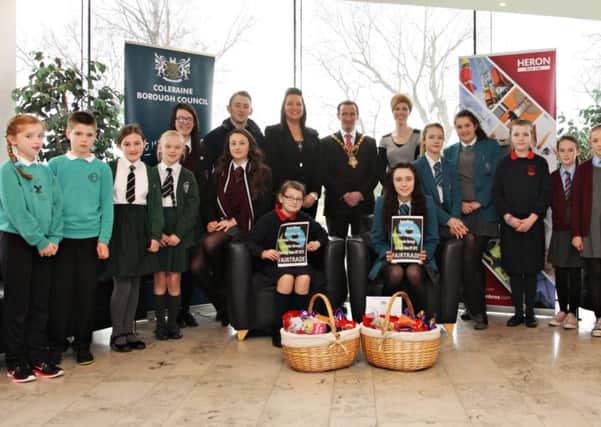 The Primary and Secondary Schools finalists at Cloonavin for the Fairtrade Bake-Off sponsored by Heron Bros in association with Coleraine Council. Included are Councillor George Duddy, Mayor of Coleraine, and Fiona Watters, CBC. INCR10-342PL