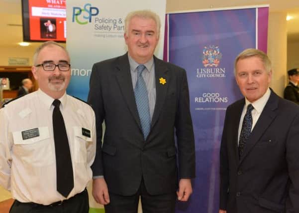 Lisburn PCSP Chairman Cllr Brian Bloomfield; Cllr Alan Carlisle Vice Chairman of the Council's Leisure Services Committee and Sergeant Greg Smyth, PSNI at the showing of 'Read all about it' race hate play which was shown at the Arts Studio Theatre, Lagan Valley Island.
