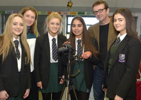 Multi Media Expert Peter Baxter from createschools.ie pictured with Head of Art Eimear McKeown and Year 10 students Jessie Davison, Chloe Adamson, Saffron Todd and Enas Fayad, visited New-Bridge Integrated College in conection with the Spiral Project on the theme "Our Traditions, Our Stories" Edward Byrne Photography INBL1511-220EB