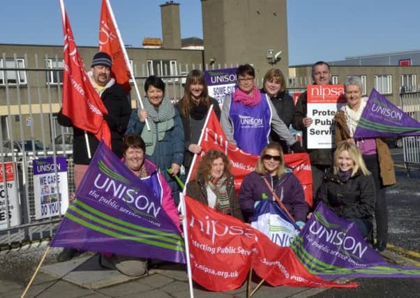 Members of the UNISON and NIPSA trades unions from the Southern Health & Social Services Trust picketed the offices in Scarva Street during the one day strike ©Edward Byrne Photography INBL1511-221EB