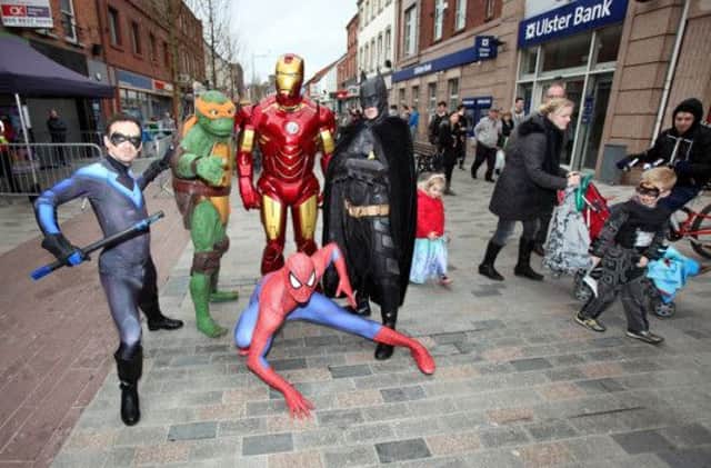 Superheroes mingled with shoppers on Bow Street during Lisburn fun day. US1510-513cd  Picture: Cliff Donaldson