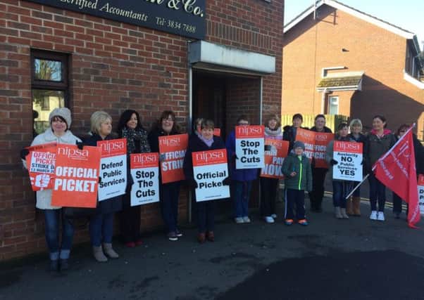 Strikers from St Mary's JHS and Ceara School at the official picket line in Lurgan