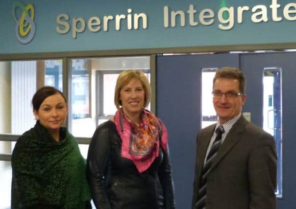 Mid Ulster MLA Sandra Overend alongside Mr Rowan (Principal at Sperrin) and Mrs Herron (Vice-Principal at Sperrin).