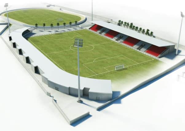 An artist's impression of the new Brandywell Stadium with the newlook Brandywell Showgrounds  in the background, the new greyhound track surrounding the Showgrounds pitch.
