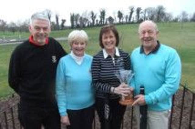 The Banbridge GC captain Bill McCandless and Lady Captain Lorna  Poots along with the Captain's Drive-In Mixed Foursomes winners Yvonne Gallaway and Alex Clarke.