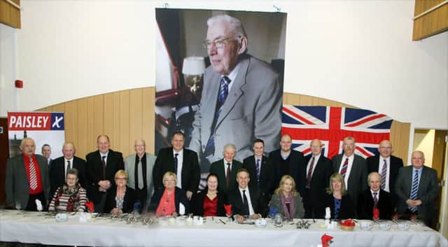 Pictured in  Carnlea Orange Hall on Saturday evening was Ian Paisley, MP at the launch of his 2015 General Election campaign, with his family, party MLA's, local Councillors and DUP officals. INBT 12-908H