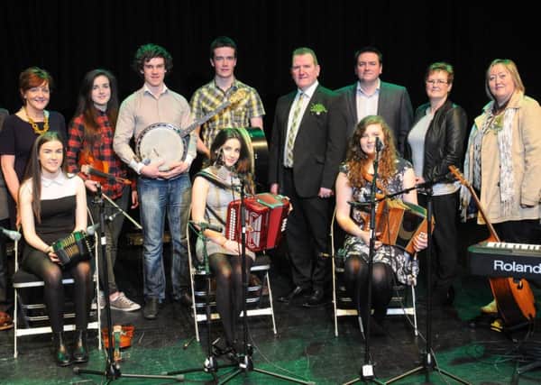 Coiriu on stage at the Burnavon with Cookstown councillors who attended the St Patrick's Day Concert in the Burnavon.INMM1115-419