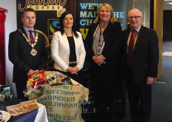 Newtownabbey mayor Alderman Thomas Hogg with Ciara Murray, Mount Charles Catering, Paddy Ann Leach, Ulster University and Professor Alastair Adair, Ulster University, provost, pictured at the university's recent Fairtrade event. INNT 11-453-CON