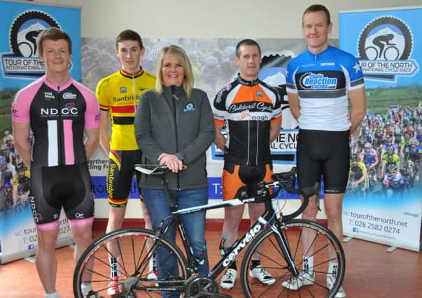 Pictured at the launch of the Tour of the North cycle race are: L-R David Hamilton (North Down CC), James Curry (Banbridge CC), Joan McCullough (Race Director), Paul Mulligan (Caldwell Cycles) Hall Booth (Ballymena RC).
