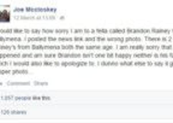 Joe McCloskey's apology on Facebook.