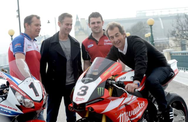 Milwaukee Yamaha's Michael Dunlop with John McGuinness (Honda Racing) and Isle of Man TT commentators Jamie Whitham and Steve Parrish. PICTURE: PACEMAKER
