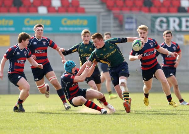 Ballymena Academy's Marcus Rea tackles Down High School's Zac Ward during today's Danske Bank Subsidiary Shield final at Kingspan Stadium. Picture: Press Eye.