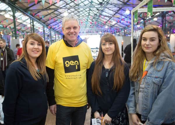 Georgia Davies (right) from Newbridge Integrated College joined teenagers from 80 schools and colleges across Northern Ireland for the annual Generation Innovation Night of Ambition in Belfast. Georgia was joined by John Knapton from the Northern Ireland Science Park and Rebecca Beattie and Jenny Winder from Liberty I.T at the event in St Georges Market. Picture by Brian Morrison.