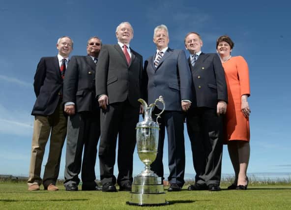 Enterprise, Trade and Investment Minister, Arlene Foster pictured with Peter Unsworth (Chairman of The R&A Championship Committee), Peter Dawson (R&A Chief Executive), Simon Rankin Captain, Royal Portrush Golf ClubFirst Minister the Rt. Hon. Peter D Robinson MLA, Deputy First Minister Martin McGuinness MLA at The Open announcement at Royal Portrush.