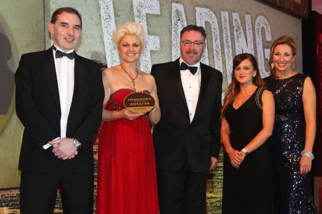 Pictured are Michael McCormack,  Musgrave NIs managing director,  Newcomer of the Year award winners, Dympna and Robert Millen of Centra,Prince Andrew Way, Carrick, Katrina OHalloran from award sponsor Kerry Foods and awards host, Claire McCollum (©Brian Thompson Photography). INCT 12-759-CON