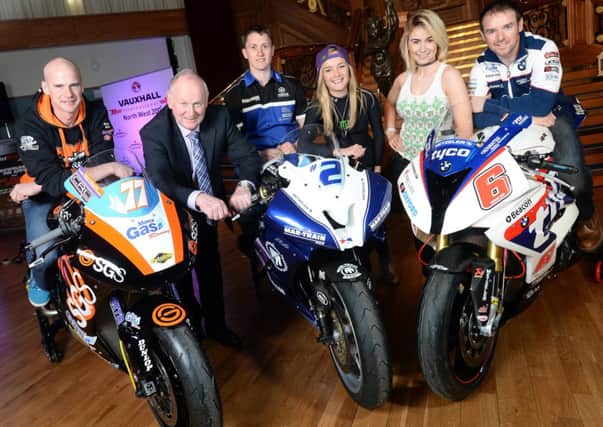 PACEMAKER, BELFAST, 24/3/2015: Vauxhall International North West 200 Event Director Mervyn Whyte pictured with Ryan Farquhar, Dean Harrison and Alastair Seeley and the Monster girls at the race launch in Titanic, Belfast today.
PICTURE BY STEPHEN DAVISON