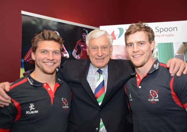Ulster stars Michael Allen and Andrew Trimble with Willie-John McBride at the launch of the Carrick Sevens. INLT 13-918-CON