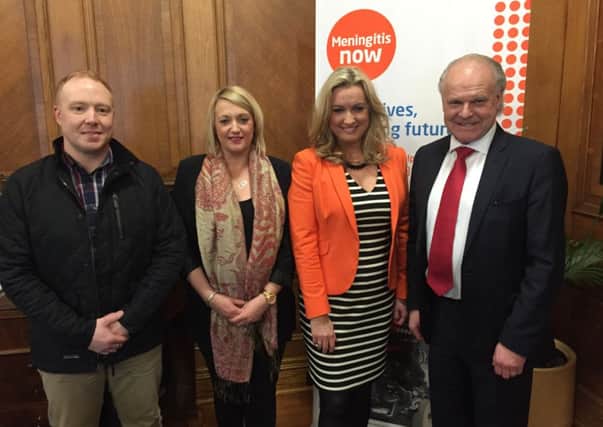 Taking part in last week's Meningitis NOW Roadshow at Stormont hosted by Jo-Anne Dobson MLA were Steve Dayman - Meningitis NOW Founder and Donaghcloney couple Lana and Karl Wells Gant.