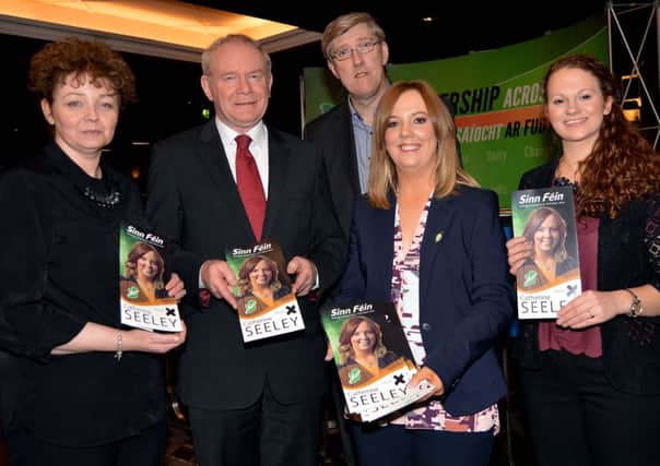 Upper Bann Sinn Fein Parliamentary candidate, Catherine Seeley, second from right, pictured at the official launch of her campaing at the Ashburn Hotel last Friday with from left. Caral Ni Chuilin, Minister of Culture, Arts and Leisure, Martin McGuinness, Deputy First Minister, John O'Dowd, education Minister and Councillor Gemma McKenna who chaired the launch event. INLM14-213.