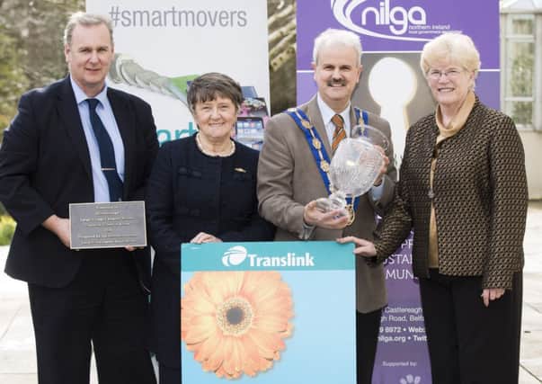 Lisburn has received the Roses in Towns Award and Hillsborough scooped the Large Village Award at the 2014 Translink Ulster in Bloom ceremony in Malone House, Belfast.  Pictured celebrating the achievement are l-r Mark Gregg, Lisburn City Council, Cllr Evelyne Robinson MBE, Northern Ireland Local Government Association Vice President, Cllr Thomas Beckett, Deputy Mayor of Lisburn City Council, and Angela Coffey, Translink Board Member.