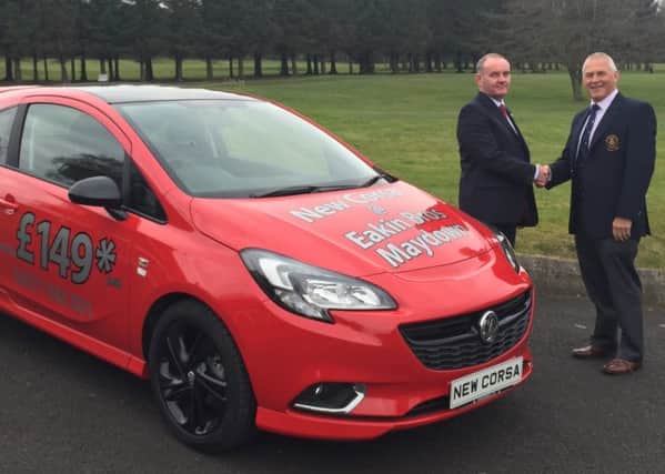 David Moore (left), Eakin Bros Sales Manager shakes hands with City of Derry Captain John Rosborough, after agreeing to sponsor this weekends competition.