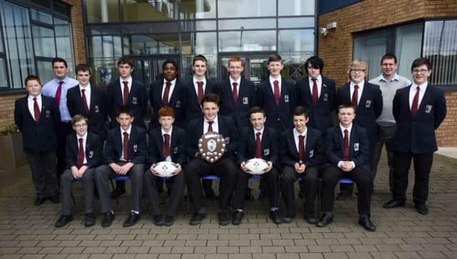 The Lisneal College under-14's rugby team who were the winners the Mowbray Subsidiary Shield at City of Derry Rugby Club. Included are Richard Michael and Chris Wilson, coaches. INLS1315-101KM