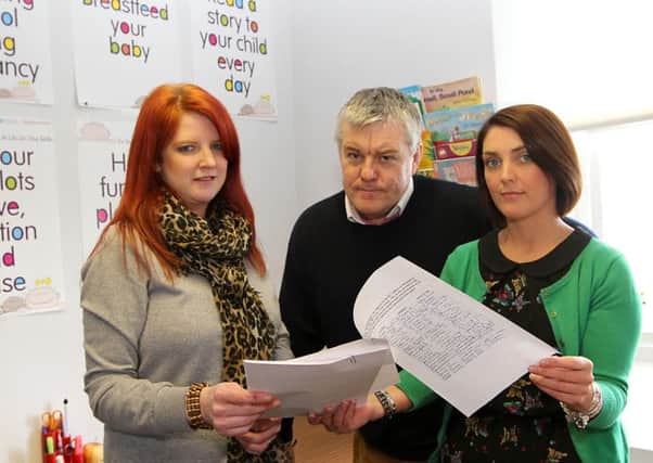 LCDI manager Damian Corr with Lifestart workers Clare Thomson and Ashley Mullan. INLV1315-153KDR