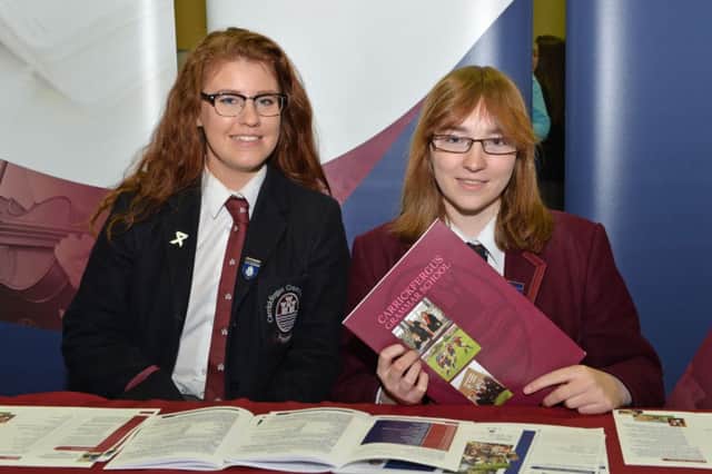 Carrickfergus Grammar School students Sarah English and Sara Patterson at the CABLE Careers Convention. INCT 12-006-PSB