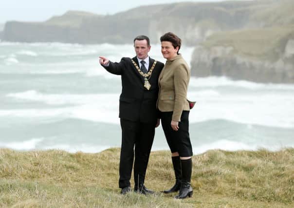 Press Release image

Press Eye - Belfast - Northern Ireland -  26th March 2015 - 

Enterprise, Trade & Investment Minister, Arlene Foster, today officially announced the completion of new environmental improvement works to Castlerock promenade and Whiterocks coastal park.
 
Arlene Foster is pictured at Whiterocks, Portrush, with Mayor of Coleraine, Cllr George Duddy.
 
Picture by Kelvin Boyes / Press Eye.