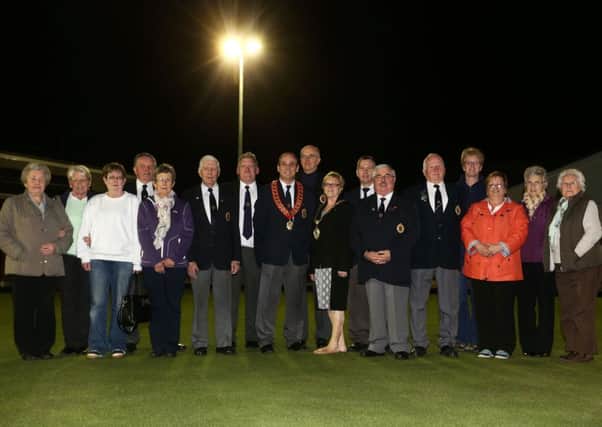 Mayor of Ballymena, Cllr. Audrey Wales, along with members of Ballymena Bowling Club at the turning on of the new club flood lights. INBT14-255AC