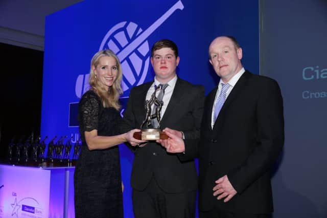 Press Eye - Belfast - Northern Ireland - 27th March 2015 

Nicola McCleery, Head of Marketing, Danske Bank and Seamus Meehan, Ulster Colleges Chairman present Ciaran Butler (Cross & Passion College, Ballycastle) with an Ulster Colleges' Hurling All Star Award at the Europa Hotel, Belfast.

Picture by Kelvin Boyes  / Press Eye.