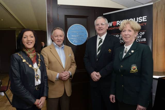 Phil Coulter pictured at the unveiling of a plaque by City of Derry Rugby Football Club and the IRFU at Judges Road on Saturday to celebrate the 20th anniversary of his composition â¬ÜIrelandâ¬"s Callâ¬". Included are, from left, the Mayor, Councillor Brenda Stevenson, Ian McIlwrath, IRFU, and Susan Spence, President, City of Derry RFC. INLS1315-125KM