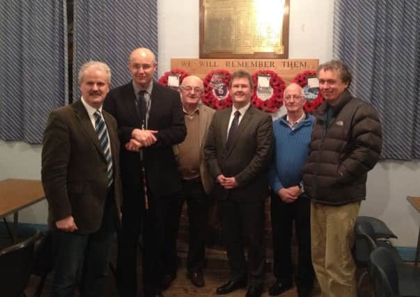 Lagan Valley MP Jeffrey Donaldson at Ballinderry War Memorial Hall with Paul Mullan (Heritage Lottery Fund), Brian McKervey (NIEA), Councillor Thomas Beckett (DUP), Eddie Carson (Committee Chairman) and Humphrey Gardiner (Committee Vice-chairman).