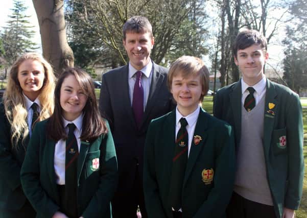 Newly appointed Friends School principal Mr Stephen Moore with four Sixth Formers who have received conditional offers from Oxford or Cambridge this year - from left, Head Girl, Brooke Watson (Downing College, Cambridge, Economics), Molly Harte (Pembroke College, Cambridge, Natural Sciences), Deputy Head Boy, Robert Harrison (Lady Margaret Hall, Oxford, Music)  and Jason Steenson ( Corpus Christi College, Cambridge, Mathematics).