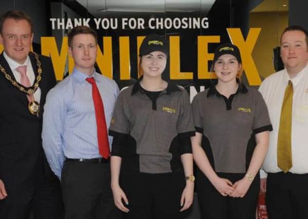 The Mayor of Craigavon, Councillor Colin McCusker pictured at the Official Opening Day of the Omniplex Cinema at Craigavon with L to R:  Paul John Anderson (Operations Director), Orlaith Hughes, Jane Donnelly and Michael Magennis (Supervisor).