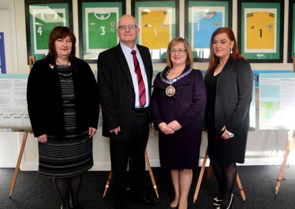 Una Sommerville, URS; Cllr Billy Ashe, Mayor of Mid and East Antrim Borough Council; Councillor Lynn McClurg, outgoing Deputy Mayor of Carrick Borough Council and Anne Donaghy chief executive of MEA.  INCT 13-053-GR