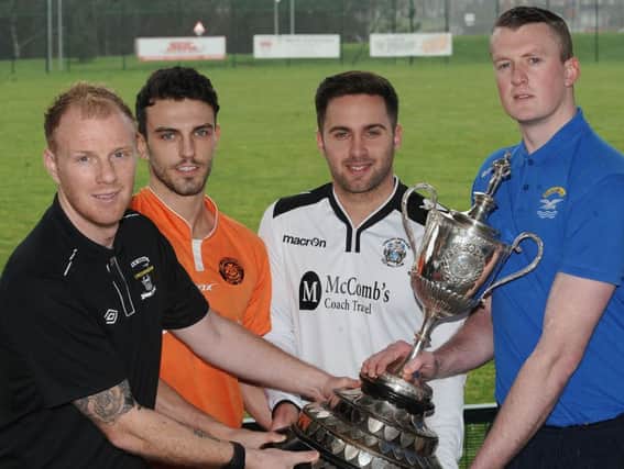 Lisburn Distillery are bidding to reach their first Cup final since 2011. The Whites Sean Southam, Michael Dougherty (H&W Welders), Craig McCloskey (Carrick Rangers) and Paul Cairnduff (Bangor) are all desperate to get their hands on the Intermediate Cup. Pic: Gary Hancock.