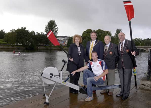 Sports Minister Carl Ni Chuilin pictured with Bobby Platt MBE during a visit to Bann Rowing Club. Also pictured are Cllr David Harding, Olympic Silver Medallist Peter Chambers, and Keith Leighton Club Captain.