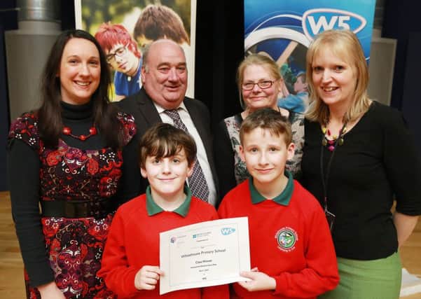 Story writing competition winners from Whitehouse Primary School, Fletcher McClenaghan and Kyle Crawford, with Karen McCormick from British Council, Michael McGivern from DENI, Mrs Richmond from Whitehouse PS and Elaine Steele from W5. INNT 15-502CON  Pic by Bill Smyth
