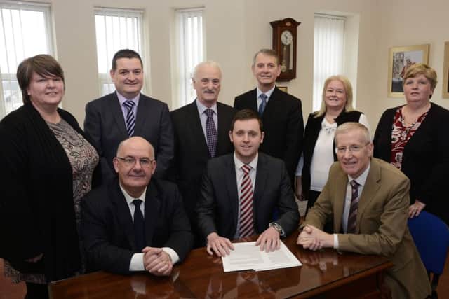 Alderman Gary Middleton, seated centre, who has been selected as the DUP candidate for the Foyle Constituency for the General Election, pictured with local party members, from left, seated, Lord Hay and Gregory Campbell MP MLA, back row, Nyree McMorris, Councillor David Ramsey, Alderman Drew Thompson, Alderman Maurice Devenney, Linda Watson and Lady Doris Hay. INLS1415-101KM
