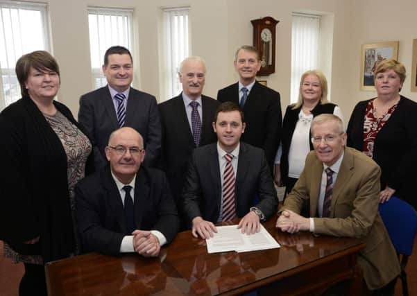 Alderman Gary Middleton, seated centre, who has been selected as the DUP candidate for the Foyle Constituency for the General Election, pictured with local party members, from left, seated, Lord Hay and Gregory Campbell MP MLA, back row, Nyree McMorris, Councillor David Ramsey, Alderman Drew Thompson, Alderman Maurice Devenney, Linda Watson and Lady Doris Hay. INLS1415-101KM