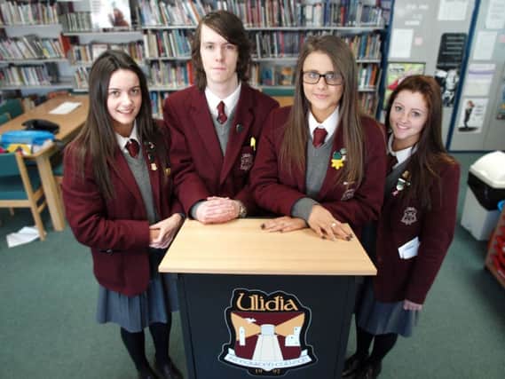 Ulidia sixth form students Anna Maguire, Daniel Kelly, Phoebe Cochrane and Lauren McDowell taking part in Concern Worldwide's school debates. INCT 14-702-CON CONCERN