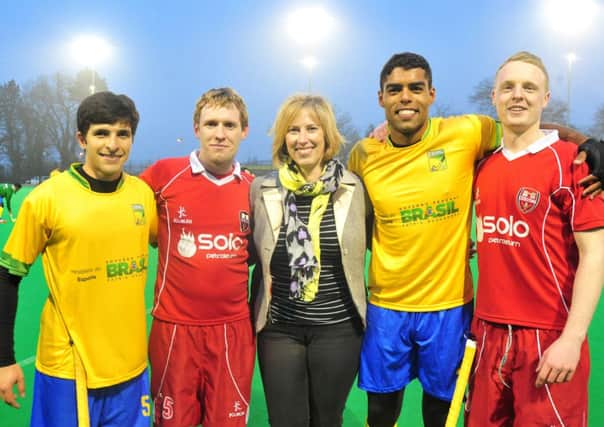Ulster Unionists Party MLA for Mid-Ulster Sandra Overend with Brasil and Cookstown players prior last Thursday nights clash at Steelweld Park.INMM1415-340