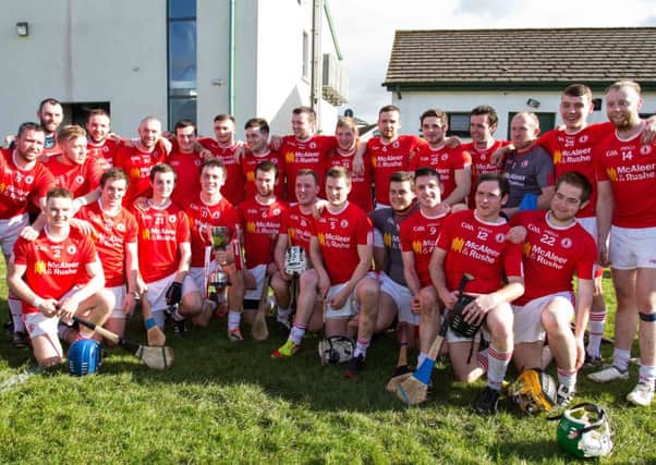 The Tyrone senior hurling team celebrate their Division 3A title success. INTT1515-706DCA