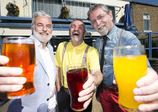 8/4/2015. NO REPRO FEE. Frank Kelly, Tony Daly and Ron Consenheim at the launch of #PaintMyPub, in association with Sandtex and Crown Paints. This new campaign is calling on the people of Ireland to nominate a pub in their area that's in need of an exterior make-over by posting a photo to Crown Paints Ireland's Facebook page or tweeting it to @CrownPaintsIRL with the hashtag #PaintMyPub. Four perfectly imperfect pubs, one per province, will each win an incredible exterior make-over courtesy of Sandtex. For more, visit www.sandtex.ie.Photo: Leon Farrell/Photocall Ireland.